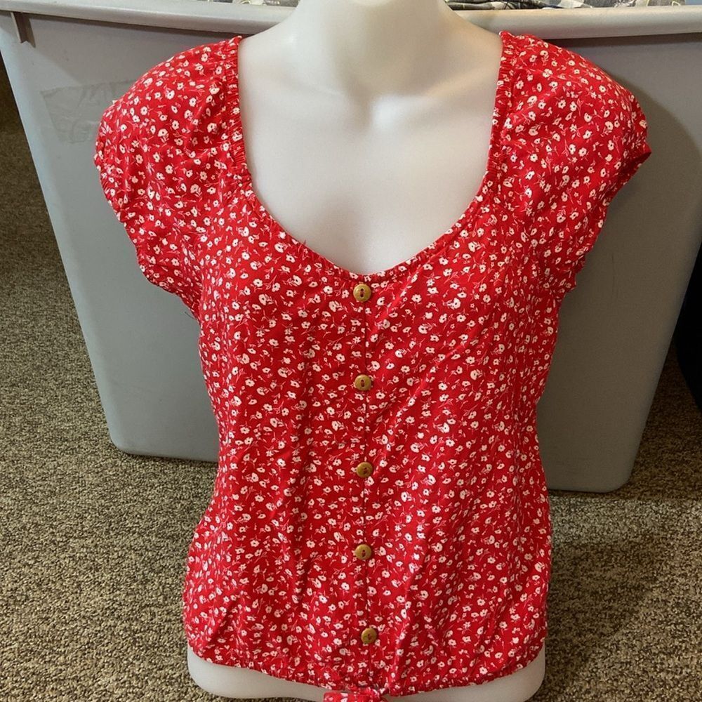 No Boundaries Red Cap Sleeve Button Down Blouse Size S (3-5)